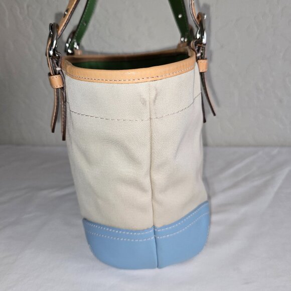 VTG COACH Hamptons Soho Daisy Cabriolet Canvas W/ Blue & Green Leather Tote 4428 - Picture 7 of 15
